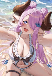  :d beach bikini blue_eyes breasts butterfly_earrings cleavage commentary_request double_bun draph earrings female frilled_bikini frills from_above granblue_fantasy hair_bun hair_ornament hair_over_one_eye highres horns jewelry large_breasts long_bangs long_hair looking_at_viewer narmaya_(granblue_fantasy) narmaya_(summer)_(granblue_fantasy) navel ocean official_alternate_costume pizzicato_il pointy_ears sitting smile solo swimsuit thigh_strap wariza white_bikini 