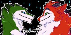  0ct0m0n0 2:1 anthro blue_eyes cheek_tuft chest_tuft duo eye_contact facial_tuft fur green_body green_eyes green_fur looking_at_another male mouth_closed neck_tuft red_body red_fur sergal signature tuft white_body white_fur 