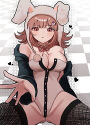  :o animal_ears animal_hood ass bare_shoulders black_leotard blush breasts brown_hair cleavage danganronpa_(series) danganronpa_2:_goodbye_despair detached_collar fake_animal_ears fishnet_thighhighs fishnets galaga heart hood ikemen&#039;na_ore-shi jacket large_breasts leotard medium_hair mole mole_on_breast nanami_chiaki neck_ribbon open_clothes open_jacket pink_eyes pink_ribbon playboy_bunny rabbit_ears rabbit_hood ribbon sitting thighhighs two-tone_leotard 