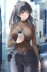  abe_mikiko_(rc_f) artist_name black_car black_hair black_pants blue_eyes blush borrowed_character breasts car carrying_over_shoulder casual cellphone collarbone covered_navel female hair_ribbon highres keenh large_breasts leather leather_pants long_hair looking_to_the_side motor_vehicle original pants phone ponytail ribbon see-through see-through_sleeves sleeves_past_elbows smartphone smile solo toyota_supra toyota_supra_mk_v white_ribbon 