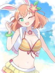  ;d absurdres animal_ears bikini bikini_skirt blue_sky blush bracelet breasts commentary cosplay crossed_bangs female flower green_eyes hair_flower hair_ornament highres hinoshita_kaho jewelry kosaka_honoka kosaka_honoka_(cosplay) large_breasts link!_like!_love_live! looking_at_viewer love_live! love_live!_school_idol_project medium_hair miyaco_(shirataki_168) natsuiro_egao_de_1_2_jump! navel one_eye_closed open_clothes open_mouth open_vest orange_bikini orange_hair pinstripe_bikini rabbit_ears rabbit_hair_ornament sky smile solo stomach swimsuit two_side_up upper_body vest virtual_youtuber white_vest 