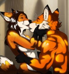  0l-fox-l0 absurd_res anthro athletic athletic_anthro bathroom canid canine couples droplets duo female fox hi_res kiss_on_lips kissing male mammal nude romantic romantic_couple shower tasteful_nudity water wet 