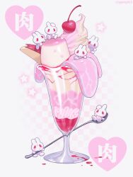  banana blood candy_gore cherry commentary cup dessert food food_focus fruit gyuing666 highres holding holding_spoon horror_(theme) intestines meat no_humans original parfait pink_theme pudding rabbit spoon sweets symbol-only_commentary whipped_cream white_background yami_kawaii 