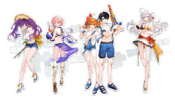  1boy 4girls :p ahoge alternate_costume arlizi ball beachball bikini black_bikini black_hair blue_eyes blue_footwear blue_overalls blue_scrunchie blue_shorts braid brown_footwear closed_mouth collared_shirt command_spell eyes_visible_through_hair fate/grand_order fate_(series) flower food fou_(fate) frilled_skirt frills fujimaru_ritsuka_(female) fujimaru_ritsuka_(male) full_body glasses grey_hair hair_ornament hairclip hat high_heel_sandals high_heels highres holding holding_behind_back holding_flower holding_food holding_popsicle holding_water_gun leg_up lifebuoy long_hair looking_at_viewer mash_kyrielight multicolored_bikini multicolored_clothes multiple_girls olga_marie_animusphere open_clothes open_shirt orange_bikini orange_hair outline overall_shorts overalls pink_hair pleated_skirt popsicle purple_eyes purple_hair sandals sarong scrunchie shirt short_hair shorts side_braid side_ponytail simple_background sion_eltnam_sokaris skirt sleeveless sleeveless_shirt smile standing sun_hat sunflower super_soaker suspender_shorts suspenders swim_ring swimsuit tied_shirt tongue tongue_out twintails v-shaped_eyebrows water_gun white_background white_footwear white_outline white_shirt white_skirt wing_collar wrist_scrunchie 