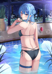  :d alcohol alternate_costume ass back bikini black_bikini blue_choker blue_eyes blue_hair breasts choker cityscape commentary cup double-parted_bangs drinking_glass earrings female from_behind hair_between_eyes hair_bun halterneck highres hiiragi_melt hololive hoshimachi_suisei indoors jewelry long_hair looking_at_viewer looking_back median_furrow medium_breasts multi-strapped_bikini_bottom night plant pool potted_plant shooting_star side-tie_bikini_bottom side_up_bun sideboob single_hair_bun single_side_bun smile solo star_(symbol) star_in_eye swimsuit symbol_in_eye teeth thigh_strap upper_teeth_only virtual_youtuber wading water wet wine wine_glass 