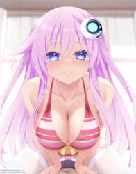  1boy assertive_female bikini blue_eyes blush breasts cowgirl_position cowgirl_position english_commentary female front-tie_bikini_top front-tie_top gabriel_evangel hair_between_eyes headgear highres indoors large_breasts leaning_forward long_hair looking_at_viewer medium_breasts neptune_(series) pink_hair pov power_symbol purple_sister smile solo_focus straddling straight string_bikini swimsuit symbol-shaped_pupils very_long_hair 