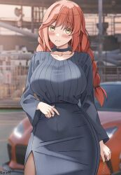  arai_sakura_(rc_f) artist_name black_skirt blush borrowed_character braid breasts brown_eyes car casual closed_mouth collarbone female highres holding keenh large_breasts leather leather_skirt long_hair looking_at_viewer mole mole_under_mouth motor_vehicle orange_car original pencil_skirt red_hair skirt smile solo toyota_86 twin_braids 