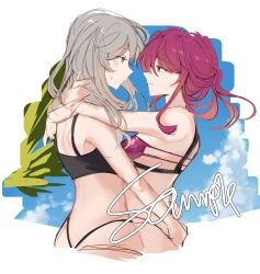  2girls arms_around_neck bikini black_bikini blue_sky closed_mouth cloud commentary commission eye_contact from_side grey_hair hand_on_another&#039;s_waist highres honkai:_star_rail honkai_(series) kafka_(honkai:_star_rail) lemonzzzest long_hair looking_at_another multiple_girls outdoors ponytail profile purple_bikini purple_eyes purple_hair sample_watermark sky smile stelle_(honkai:_star_rail) swimsuit trailblazer_(honkai:_star_rail) vgen_commission watermark wet white_background yellow_eyes yuri 