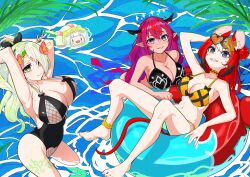  4girls absurdres animal_ears ankle_scrunchie bikini black_bikini black_one-piece_swimsuit blue_eyes breasts ceres_fauna eyewear_on_head flower gawr_gura green_hair hair_bun hair_flower hair_ornament hakos_baelz halo heterochromia highres hololive hololive_english horns huge_breasts irys_(hololive) large_breasts mole mole_on_breast mole_under_eye mouse_ears mouse_tail multiple_girls navel on_innertube one-piece_swimsuit orange_bikini pointy_ears purple_eyes purple_hair red_hair rlus scrunchie smile smol_gura sunglasses swimsuit tail virtual_youtuber water yellow_eyes 