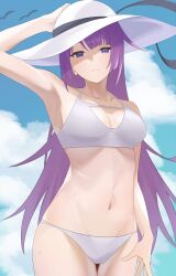  alternate_costume arm_up armpits arril100 bikini black_ribbon blue_sky blush breasts closed_mouth cloud cloudy_sky collarbone cowboy_shot day female hat hat_ribbon highres long_hair medium_breasts monogatari_(series) navel outdoors purple_eyes purple_hair ribbon senjougahara_hitagi shadow sky solo stomach sun_hat swimsuit very_long_hair wet white_bikini 