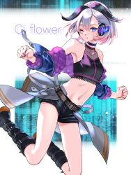  :t backlighting bare_shoulders belt belt_boots binary black_footwear black_shorts black_tank_top blue_eyes boots breasts cevio character_name choker ci_flower clenched_hands commentary emu_(marico_w) female flower_(vocaloid) head_tilt headphones highres knee_boots legs_up light_blush midair midriff navel one_eye_closed purple_hair purple_nails short_hair short_shorts shorts showgirl_skirt sideways_glance small_breasts solo tank_top vocaloid white_background white_hair 