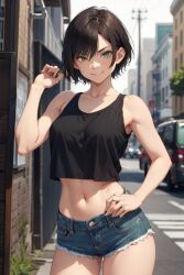  ai_generated black_hair black_tank_top clothed girl green_eyes jean_shorts sexy short_hair 