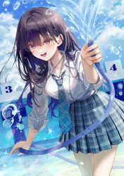  absurdres black_hair blue_necktie breasts cloud collared_shirt female highres holding holding_hose hose ito_lab long_hair necktie open_mouth original plaid_clothes plaid_necktie plaid_skirt pleated_skirt pool purple_eyes school_uniform shirt skirt sky sleeves_rolled_up teeth upper_teeth_only water white_shirt 