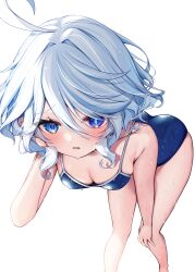  absurdres ahoge bare_legs blue_eyes blue_hair blue_one-piece_swimsuit blush breasts commentary_request cowlick drop-shaped_pupils eyelashes female furina_(genshin_impact) genshin_impact hair_between_eyes hand_in_own_hair hand_on_own_knee heterochromia highres ineka_ka leaning_forward long_hair looking_at_viewer medium_breasts mismatched_pupils one-piece_swimsuit open_mouth school_swimsuit simple_background solo swimsuit symbol-shaped_pupils wet white_background 