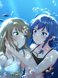  2girls aauugghh_garrison air_bubble bikini black_bikini blue_eyes blue_hair blush braid breasts brown_hair bubble cleavage clownfish commentary english_commentary fish green_eyes highres holding_own_arm long_hair looking_at_another medium_breasts misakino_kukuru miyazawa_fuuka multiple_girls parted_lips shiroi_suna_no_aquatope side_braid signature swimsuit underwater upper_body white_bikini yuri 