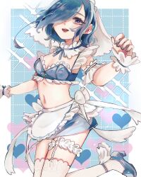  ahoge apron arched_back bicep_strap blue_background blue_bra blue_footwear blue_hair blue_ribbon blue_skirt bow bra breasts cleavage collar cowboy_shot curled_fingers detached_collar earrings frilled_apron frilled_bra frilled_collar frilled_wrist_cuffs frills garter_straps grey_nails grid_background hair_over_one_eye hand_up heart heart-shaped_ornament heart_background heart_print highres jewelry kimi_no_koto_ga_dai_dai_dai_dai_daisuki_na_100-nin_no_kanojo leg_up looking_at_viewer miniskirt nakaji_uto navel o-ring o-ring_thigh_strap one_eye_covered open_mouth otani_(_6mmmmano) ribbon ribbon_bra short_hair skirt small_breasts sparkle_background strappy_heels teeth thigh_strap thighhighs underwear upper_teeth_only variant_set wavy_hair white_bow white_thighhighs white_veil wrist_cuffs 