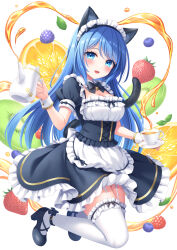  animal_ears apron black_dress black_footwear blue_eyes blue_hair blueberry blush breasts cat_ears cat_girl cat_tail dress female food frilled_apron frilled_dress frills fruit gold_trim highres holding_kettle kettle kiwi_(fruit) kiwi_slice large_breasts leaf leg_belt lemon lemon_slice long_hair looking_at_viewer maid maid_headdress open_mouth original puffy_short_sleeves puffy_sleeves raspberry short_sleeves smile solo stardrop strawberry tail thighhighs very_long_hair white_apron white_background white_thighhighs zettai_ryouiki 