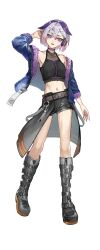  arm_behind_head arm_up bare_shoulders belt belt_boots black_footwear black_shorts black_tank_top blue_eyes blue_jacket boots cevio choker ci_flower collarbone colored_shoe_soles commentary_request down_jacket female flower_(vocaloid) full_body grey_skirt headphones high_heel_boots high_heels highres jacket knee_boots looking_at_viewer midriff navel official_alternate_costume official_art open_mouth purple_hair purple_jacket purple_nails second-party_source shiroice short_hair short_shorts shorts showgirl_skirt skirt smile solo standing tank_top transparent_background two-sided_fabric two-sided_jacket vocaloid white_hair zipper_pull_tab 