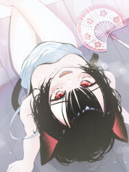  animal_ear_fluff animal_ears arm_support bare_shoulders black_hair blush bottomless camisole cat_ears cat_girl cat_tail commentary_request crossed_legs female from_above from_behind groin h2o_(dfo) hair_between_eyes looking_at_viewer looking_up open_mouth original red_eyes sitting solo strap_slip tail white_camisole 