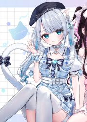  2girls absurdres animal_ears belt blue_eyes blue_gemstone blue_hair blush bow cat_ears cat_tail chains closed_mouth commentary_request detached_collar dress frills gem grey_hair hand_up highres ineka_ka kaga_sumire knees_up long_hair looking_at_viewer lupinus_virtual_games multicolored_hair multiple_girls pinafore_dress plaid_clothes plaid_dress short_sleeves sitting sleeveless sleeveless_dress smile solo_focus streaked_hair tail tail_bow tail_ornament thighhighs twintails virtual_youtuber vspo! white_belt white_thighhighs wrist_cuffs 