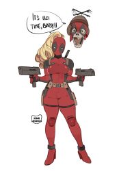  artist_name black_bodysuit blonde_hair bodysuit breasts deadpool_(series) english_text female full_body gun high_heels highres holding holding_gun holding_weapon kamii_momoru lady_deadpool large_breasts marvel ponytail pouch red_bodysuit simple_background skull speech_bubble standing teeth weapon white_background 