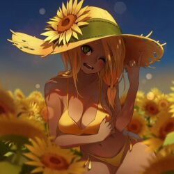  bikini blonde_hair blurry breasts commentary depth_of_field english_commentary female field flower flower_field hat hat_flower looking_at_viewer medium_hair navel one_eye_closed open_mouth original side-tie_bikini_bottom solo sun_hat sunflower sunflower_field swimsuit teeth xaxaxa yellow_bikini yellow_hat 