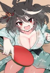  :d akizuki_shigure animal_ears black_hair breasts cleavage commentary_request ear_ornament ear_ribbon female green_kimono highres horse_ears horse_girl japanese_clothes kimono kitasan_black_(umamusume) large_breasts looking_at_viewer motion_blur multicolored_hair open_mouth red_ribbon ribbon smile solo streaked_hair sweat umamusume white_hair 