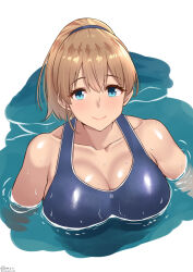  blue_eyes blue_one-piece_swimsuit blush breasts brown_hair collarbone female hair_between_eyes highres intrepid_(kancolle) kantai_collection large_breasts looking_at_viewer one-piece_swimsuit ponytail school_swimsuit shiromaru_(maniado) short_hair smile solo swimming swimsuit upper_body water 