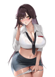  :o absurdres black_necktie black_skirt blush bra_visible_through_clothes breasts brown_eyes brown_hair collared_shirt commentary cowboy_shot crop_top cropped_shirt female goddess_of_victory:_nikke hair_between_eyes hand_up highres large_breasts long_hair looking_at_viewer loose_necktie marciana_(nikke) marciana_(school_days)_(nikke) midriff miniskirt name_tag navel navel_piercing necktie official_alternate_costume open_mouth panties panty_pull pencil_skirt piercing ryuvie see-through see-through_shirt shirt sidelocks simple_background skirt sleeves_rolled_up solo standing teeth underwear upper_teeth_only white_background white_panties white_shirt 