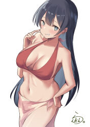  absurdres agano_(kancolle) artist_logo bare_shoulders bikini black_hair blush breasts cleavage collarbone cowboy_shot female green_eyes highres kantai_collection lanthan large_breasts long_hair looking_at_viewer navel one-hour_drawing_challenge red_bikini red_sarong sarong simple_background smile solo swimsuit white_background 