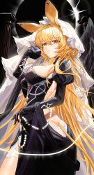  absurdres animal_ears arknights backless_dress backless_outfit black_dress blonde_hair breasts butt_crack cowboy_shot dorothy_(arknights) dorothy_(hand_of_destiny)_(arknights) dress female hand_up highres holding juliet_sleeves large_breasts long_hair long_sleeves looking_at_viewer official_alternate_costume puffy_sleeves putcho solo standing tail veil very_long_hair yellow_eyes 