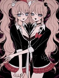  2girls :d bear_hair_ornament black_choker black_shirt blush bow breasts choker cleavage collarbone cosplay danganronpa:_trigger_happy_havoc danganronpa_(series) enoshima_junko grey_eyes hair_ornament hairbow highres ikusaba_mukuro ikusaba_mukuro_(cosplay) large_breasts long_sleeves miniskirt multiple_girls plaid_clothes plaid_skirt raamensusure rabbit_hair_ornament red_skirt shirt skirt smile sweat twintails 