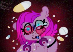  blue_eyes bodily_fluids choker colored digital_drawing_(artwork) digital_media_(artwork) dizzy drugs equid equine eyewear female friendship_is_magic fur glasses hair hasbro heart_symbol hooves horse jewelry looking_at_viewer mammal my_little_pony necklace pills pink_body pink_hair pinkamena_(mlp) pinkie_pie_(mlp) pixel_(artwork) pony simple_background smile sosu-the-blue-wolf tears 