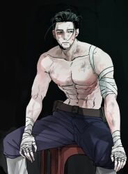  1boy abs arm_on_own_leg bandaged_arm bandaged_hand bandages bare_shoulders belt black_background black_belt black_hair blue_pants bruise bruise_on_chest bruise_on_face collarbone commentary facial_hair feet_out_of_frame goatee golden_kamuy groin hair_slicked_back hand_on_own_knee hand_wraps highres injury korean_commentary looking_to_the_side male_focus nipples ogata_buta ogata_hyakunosuke on_stool pants pectorals sideways_glance simple_background sitting solo spread_legs stool topless_male 