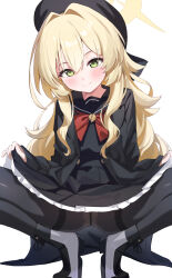  beret black_beret black_coat black_hat black_pantyhose black_sailor_collar black_skirt blonde_hair blue_archive blush boots bow bowtie closed_mouth clothes_lift coat commentary female green_eyes halo hat highres lifting_own_clothes loloco long_hair long_sleeves looking_at_viewer no_gloves open_clothes open_coat panties panties_under_pantyhose pantyhose pleated_skirt professor_niyaniya_(blue_archive) red_bow red_bowtie sailor_collar simple_background skirt skirt_lift smile solo spread_legs squatting thighband_pantyhose tiptoes underwear white_background yellow_halo 