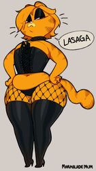  2021 4_fingers 9:16 alternative_fashion anthro belly big_breasts black_eyeshadow boots breasts clothing collar corset domestic_cat eyeshadow felid feline felis female fingers fishnet_clothing fishnet_leggings fishnet_legwear footwear fur garfield_(series) garfield_the_cat goth gothfield hi_res high_heeled_boots high_heels leggings legwear lingerie looking_at_viewer makeup mammal marmalademum navel orange_body orange_fur pink_nose rule_63 signature simple_background slightly_chubby slightly_chubby_female solo speech_bubble tail text thick_thighs thigh_boots thigh_highs topwear 