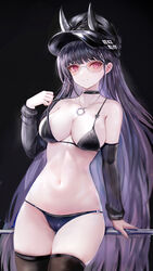  absurdres against_railing age_fx arm_support azur_lane bikini black_bikini black_bra black_choker black_hair bra breasts choker cleavage demon_horns detached_sleeves female hand_up highres hip_focus horns horns_through_headwear jewelry leaning_back long_hair medium_breasts navel necklace noshiro_(azur_lane) noshiro_(dressed-up_date)_(azur_lane) official_alternate_costume oni pale_skin pink_eyes print_bikini print_bra pulling_own_clothes railing sakura_empire_(emblem) skindentation smile solo standing stomach strap_pull sunglasses swimsuit teasing thigh_gap thighhighs thighs underwear underwear_only very_long_hair 