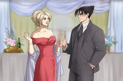  1boy alcohol autumn-sacura bare_shoulders black_hair black_jacket black_necktie black_pants blonde_hair bracelet breasts cleavage collared_shirt cup dress drinking_glass earrings female flower food hand_in_pocket holding holding_cup jacket jewelry kazama_jin lidia_sobieska necktie off-shoulder_dress off_shoulder open_clothes open_jacket pants red_dress shirt short_hair tekken tekken_7 turkey_(food) white_shirt wine wine_glass 