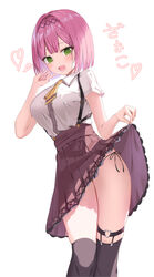  :d black_hairband black_panties black_thighhighs blunt_bangs blush bob_cut breasts brown_skirt clothes_lift collared_shirt commentary curvy double-parted_bangs eyelashes fangs feet_out_of_frame female finger_to_mouth frilled_skirt frills green_eyes hair_intakes hairband hand_up heart heart_o-ring high-waist_skirt highres index_finger_raised kukeylove large_breasts lightning_bolt_symbol looking_at_viewer meme mesugaki necktie o-ring o-ring_thigh_strap open_mouth panties panty_peek pink_hair pleated_skirt school_uniform shirt short_hair short_necktie short_sleeves side-tie_panties sidelighting simple_background skirt skirt_lift smile smug solo standing straight_hair suspender_skirt suspenders tanikaze_amane teeth tenshi_souzou_re-boot! thigh_strap thighhighs thighs translated tsurime underwear upper_teeth_only white_background white_shirt yellow_necktie zako_(meme) zettai_ryouiki 