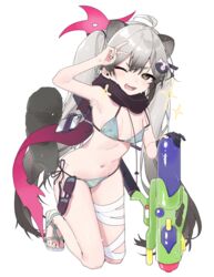  absurdres animal_ears aotan_(aorin114) bandaged_leg bandages bikini blue_archive blue_bikini breasts brown_eyes commentary_request female grey_hair halo highres kneeling long_hair michiru_(blue_archive) navel one_eye_closed open_mouth raccoon_ears raccoon_girl raccoon_hair_ornament raccoon_tail red_halo sandals simple_background small_breasts smile solo sunglasses swimsuit tail toes v water_gun white_background 