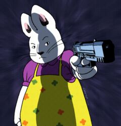  anthro cake_top clothed clothing digital_media_(artwork) female gun handgun holding_gun holding_object holding_ranged_weapon holding_weapon icon lagomorph leporid looking_at_viewer mammal max_and_ruby pointing_gun rabbit ranged_weapon reaction_image rosemary_wells ruby_(max_and_ruby) simple_background solo weapon 