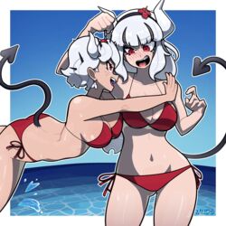  2girls absurdres beach beelzebub_(helltaker) bikini blush breasts cleavage demon_girl demon_horns demon_tail earrings freckles halterneck helltaker highres horns hug jewelry large_breasts lucifer_(helltaker) mole mole_under_eye muds multiple_girls navel ocean side-tie_bikini_bottom string_bikini swimsuit tail white_hair white_horns 