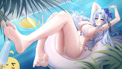  absurdres aichinaigai alsace_(azur_lane) alsace_(heat_beating_summer_sacrament)_(azur_lane) armpits arms_up azur_lane barefoot between_breasts bikini blue_eyes blue_hair blush breasts detached_collar feet female flower hair_flower hair_ornament highres knees_together_feet_apart legs long_hair looking_at_viewer manjuu_(azur_lane) nail_polish navel official_alternate_costume pool soles spread_toes stomach sunglasses swimsuit toenail_polish toenails toes very_long_hair water white_bikini 