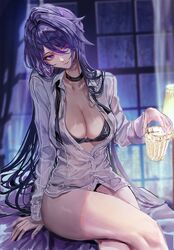  acheron_(honkai:_star_rail) alternate_costume bare_legs black_bra black_choker black_panties bra breasts chiachun0621 choker cleavage collared_shirt commentary crossed_legs cup drinking_glass eyes_visible_through_hair female hair_over_one_eye highres holding holding_cup honkai:_star_rail honkai_(series) indoors large_breasts long_hair looking_to_the_side multicolored_hair night night_light night_sky open_clothes open_shirt panties parted_lips purple_eyes purple_hair see-through see-through_shirt shirt sitting sky solo streaked_hair underwear white_shirt window 