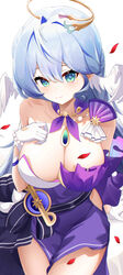  absurdres alternate_breast_size aqua_eyes bare_shoulders bead_bracelet beads blue_hair bracelet breasts cleavage collar collarbone commentary_request cowboy_shot detached_collar detached_sleeves dress earrings female gloves hair_between_eyes hair_intakes halo head_wings highres honkai:_star_rail honkai_(series) huge_breasts jewel_under_eye jewelry looking_at_viewer musical_note_ornament purple_collar purple_dress purple_sleeves red_petals robin_(honkai:_star_rail) simple_background smile solo thighs white_background white_gloves wings ziluolan_jia_de_mao 