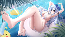  absurdres aichinaigai alsace_(azur_lane) alsace_(heat_beating_summer_sacrament)_(azur_lane) armpits arms_up aviator_sunglasses azur_lane barefoot between_breasts bikini blue_eyes blue_hair blush breasts detached_collar feet female flower hair_flower hair_ornament highres knees_together_feet_apart legs long_hair looking_at_viewer manjuu_(azur_lane) nail_polish navel official_alternate_costume soles stomach sunglasses swimsuit toenail_polish toenails toes very_long_hair white_bikini 