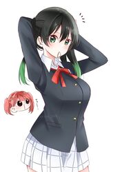  &lt;o&gt;_&lt;o&gt; 2girls black_hair black_jacket blazer blood blunt_bangs borrowed_hairstyle breasts buttons chibi chibi_inset collared_shirt commentary_request cowboy_shot dress_shirt gradient_hair green_eyes green_hair hair_between_eyes hair_ornament hair_tie hairclip highres jacket large_breasts long_sleeves love_live! love_live!_nijigasaki_high_school_idol_club medium_hair miniskirt mouth_hold multicolored_hair multiple_girls neck_ribbon nijigasaki_school_uniform nosebleed notice_lines orange_hair plaid plaid_skirt pleated_skirt red_ribbon ribbon ririn_(ririn_501) school_uniform shirt simple_background skirt swept_bangs takasaki_yu translation_request twitter_username two-tone_hair tying_hair uehara_ayumu white_background white_shirt white_skirt winter_uniform 