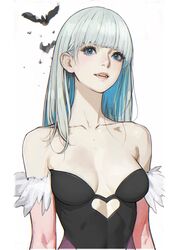  aegyo_sal bare_shoulders bat_(animal) black_bodysuit blue_eyes blue_hair blunt_bangs bodysuit breasts breasts_apart collarbone colored_inner_hair commentary d.k detached_sleeves english_commentary feather_sleeves female hair_behind_ear linea_alba looking_at_viewer medium_breasts morrigan_aensland multicolored_hair open_mouth pink_sleeves skin_tight solo straight_hair teeth upper_body upper_teeth_only vampire_(game) white_hair 