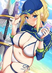  absurdres ahoge artoria_pendragon baseball_cap bikini blonde_hair blue_eyes blue_jacket breasts cleavage cropped_jacket fate/grand_order fate_(series) hat highres jacket kusahagane large_breasts mysterious_heroine_xx_(foreigner) ponytail shrug_(clothing) side-tie_bikini skindentation swimsuit thigh_strap white_bikini wide_hips wristband zipper_pull_tab 