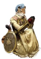  2023 anthro banoncat chest_armor ck clasped_hands felid headwrap hi_res looking_ahead male mammal markings pantherine shield simple_background sitting solo straps striped_markings striped_tail stripes tail tail_markings tiger white_background 